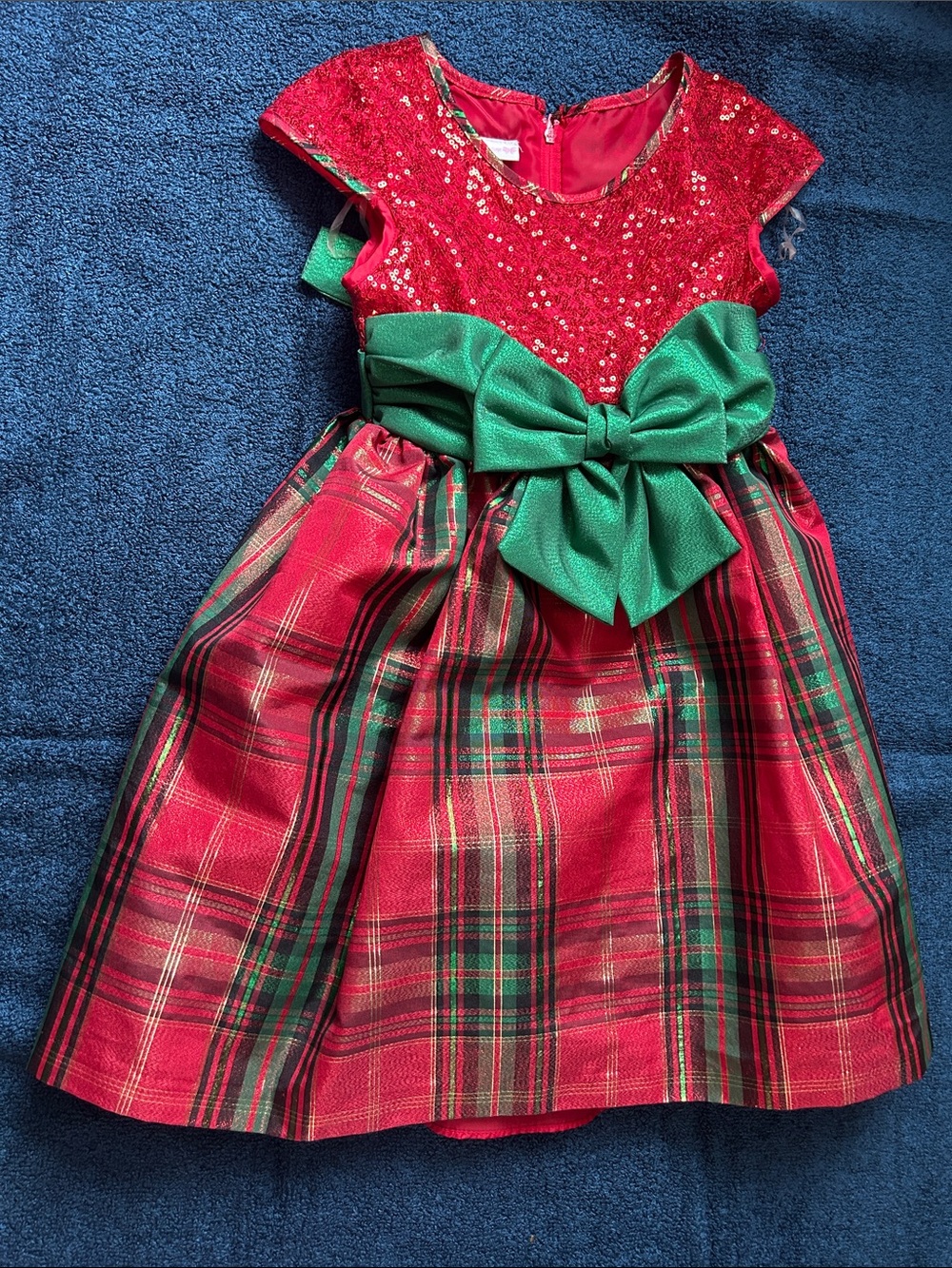 Bonnie Jean Red Sequin Plaid Holiday Dress with Green Bow